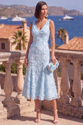 V-Neck Blue A Line Appliqued Wedding Guest Dress