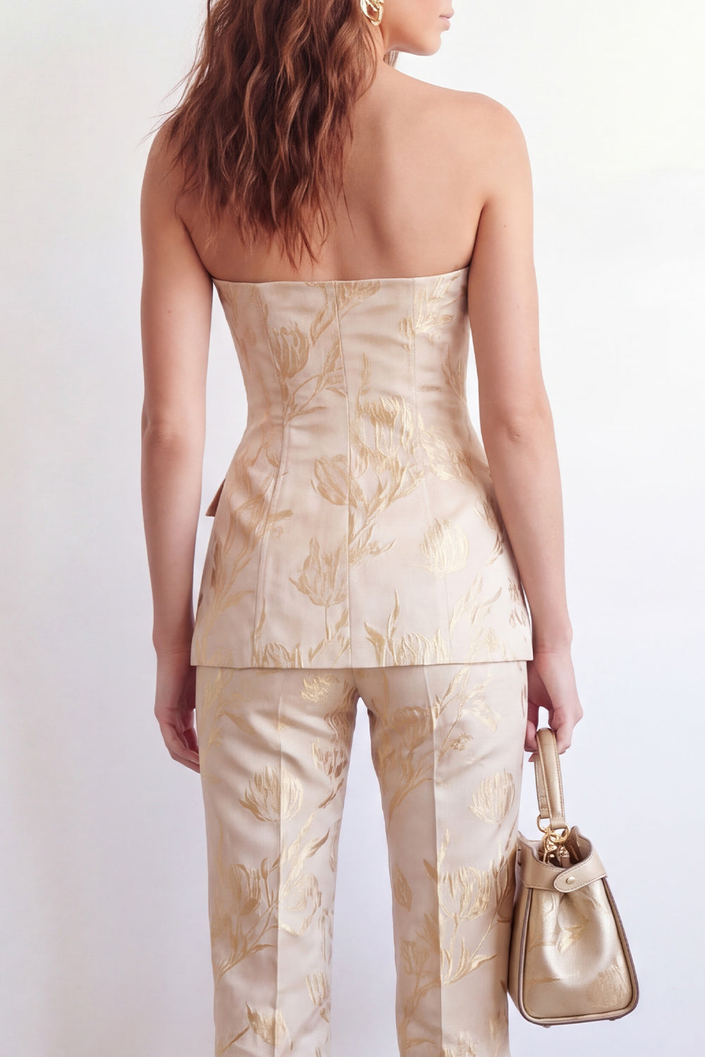 Strapless Golden Jacquard 2 Piece Slim Fit Women Suits