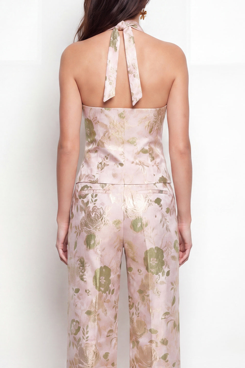 Halter Golden Floral 2 Piece Slim Fit Women Suits