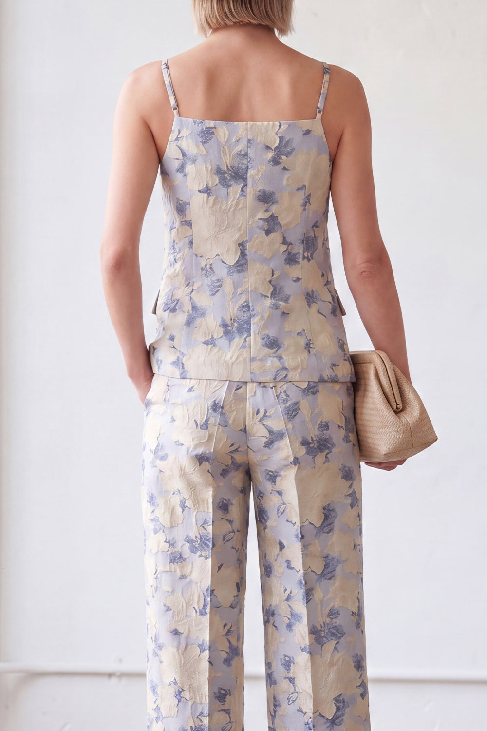 Spaghetti Straps Jacquard 2 Piece Blue Floral Women's Suits