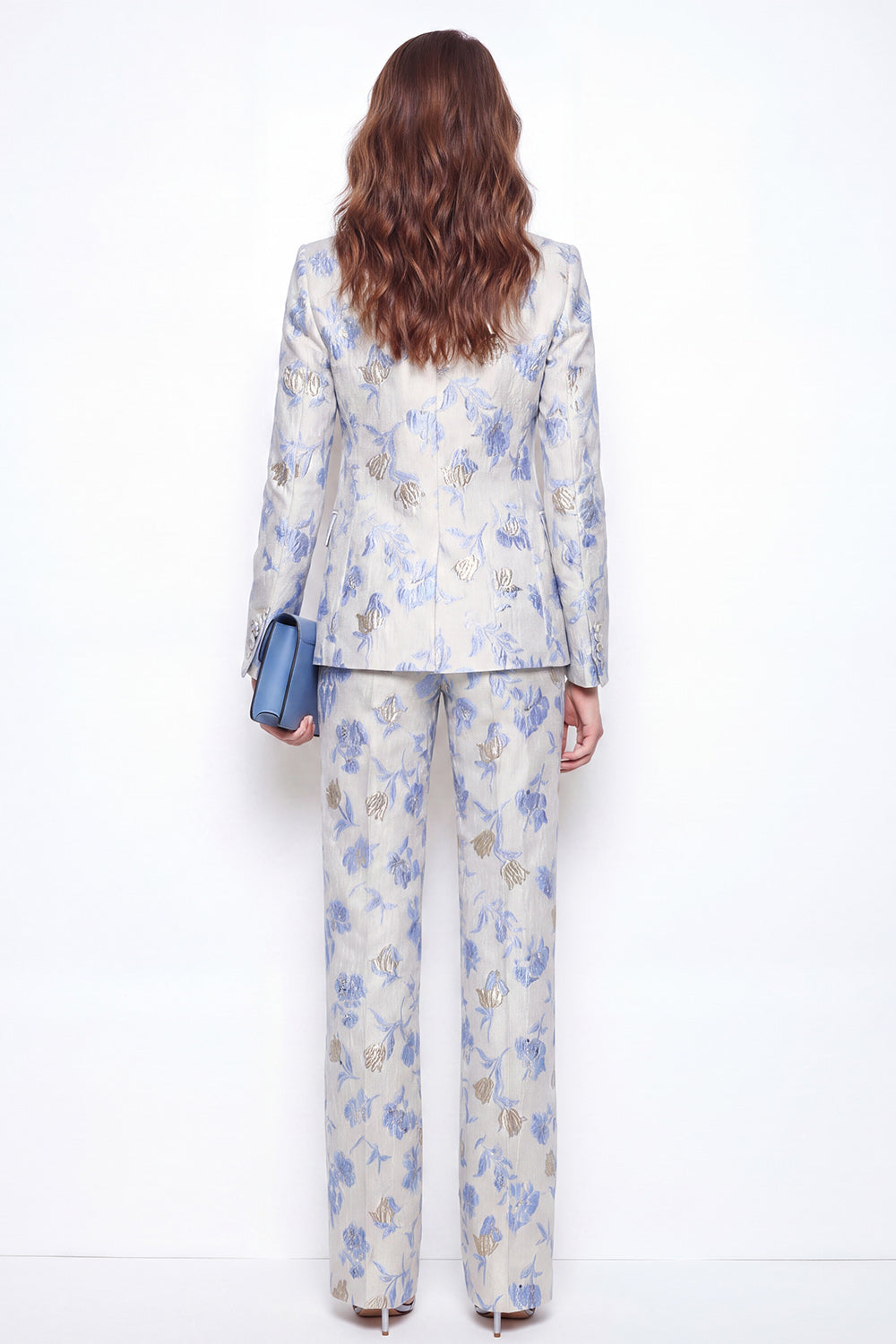 Peaked Lapel Blue Floral Jacquard 2 Piece Women's Suits