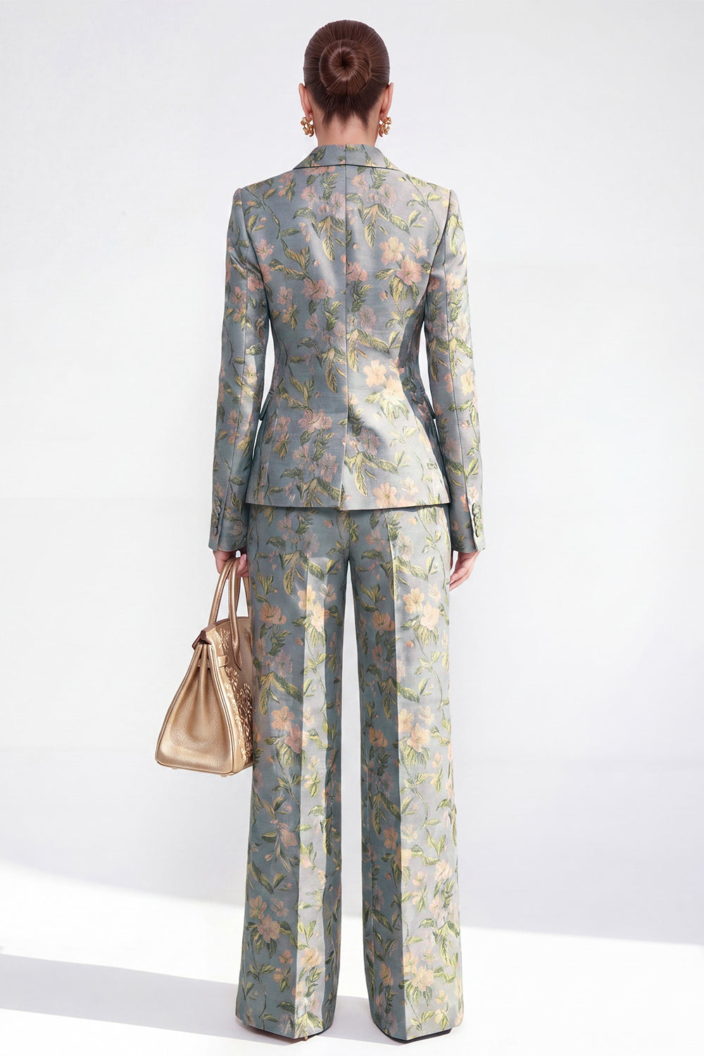 Grey Blue Floral Peaked Lapel 2 Piece Women's Suits