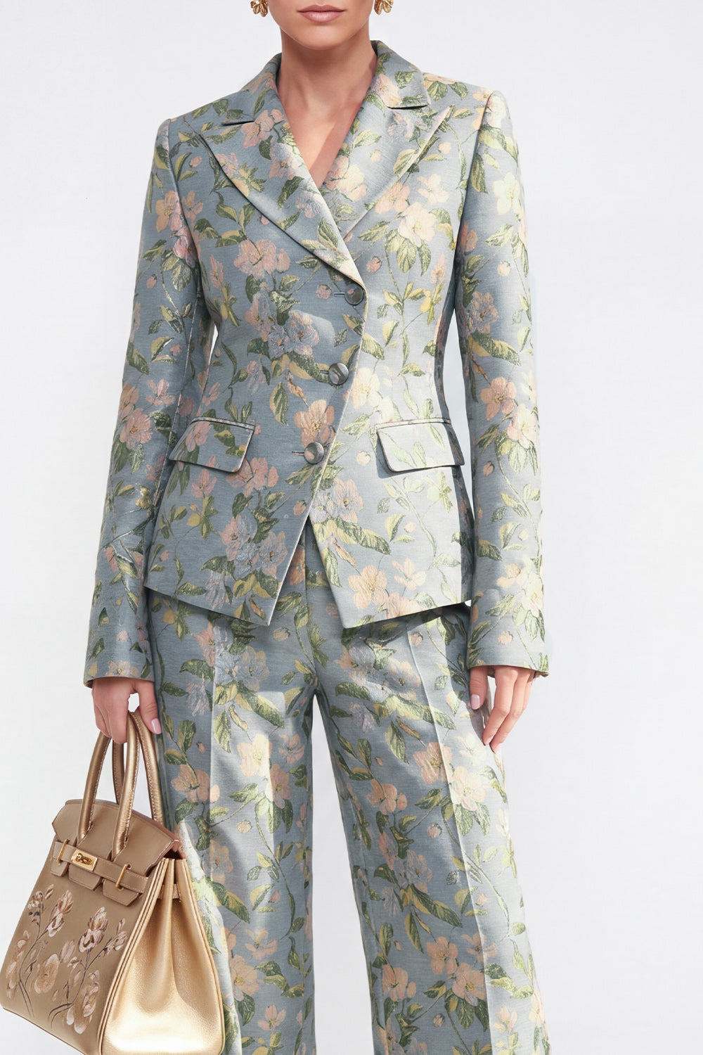 Grey Blue Floral Peaked Lapel 2 Piece Women's Suits