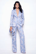 Notched Lapel 2 Piece Blue Floral Single Buckle Women's Suits