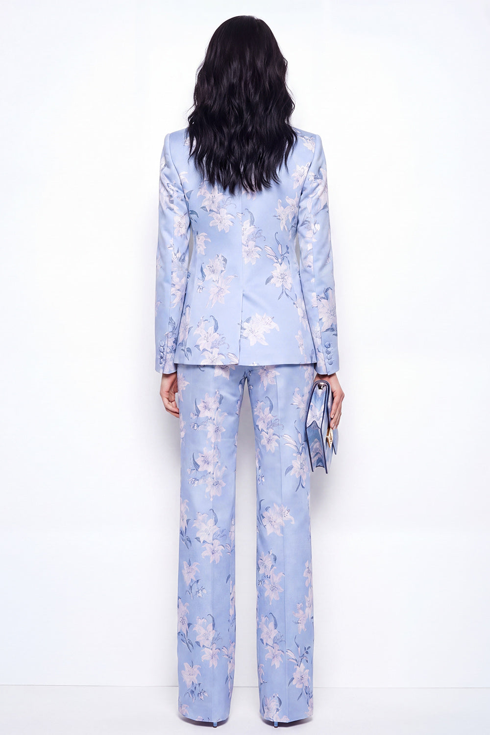 Notched Lapel 2 Piece Blue Floral Single Buckle Women's Suits