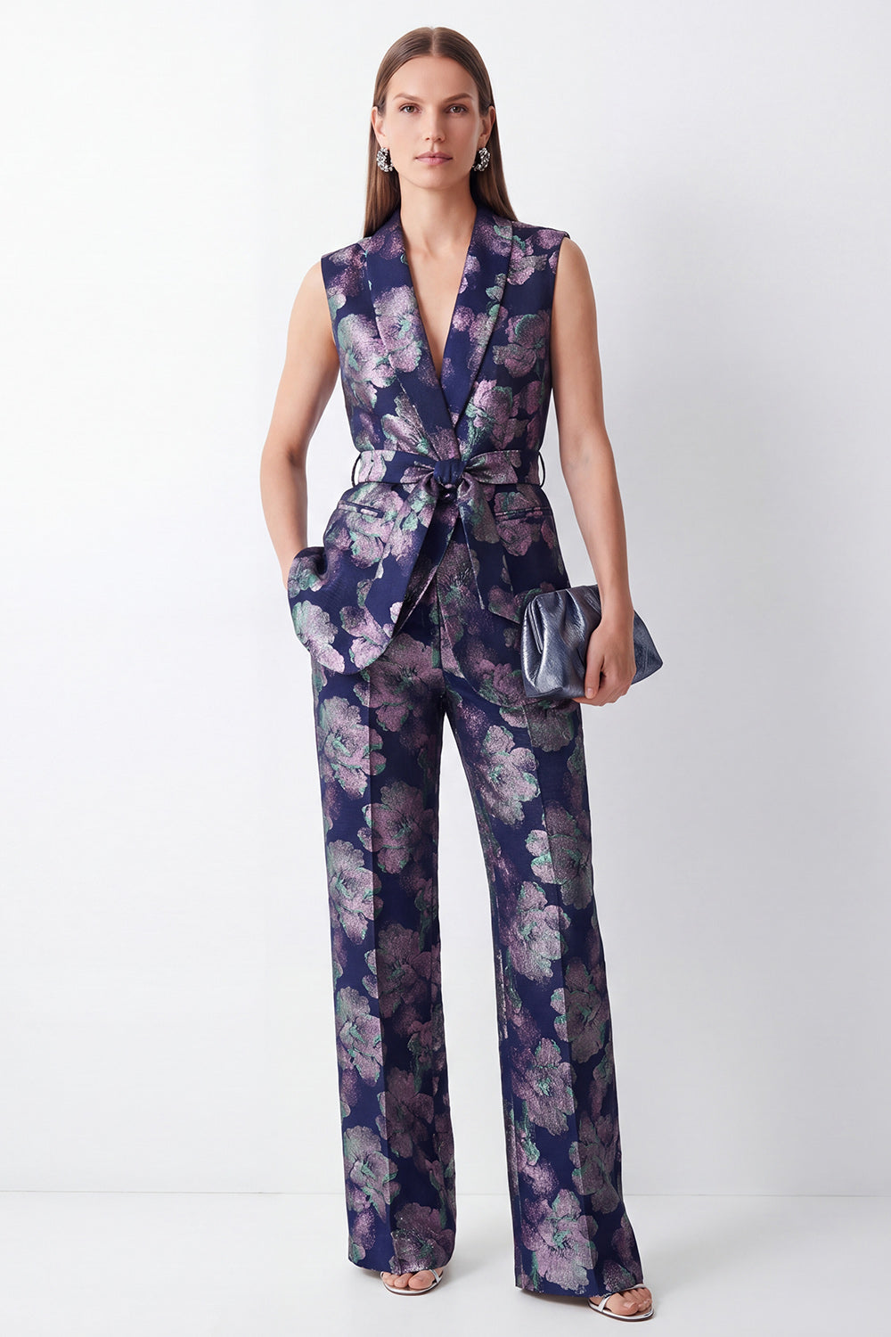 Shawl Lapel 2 Piece Navy Floral Sleeveless Women's Suits with Belt