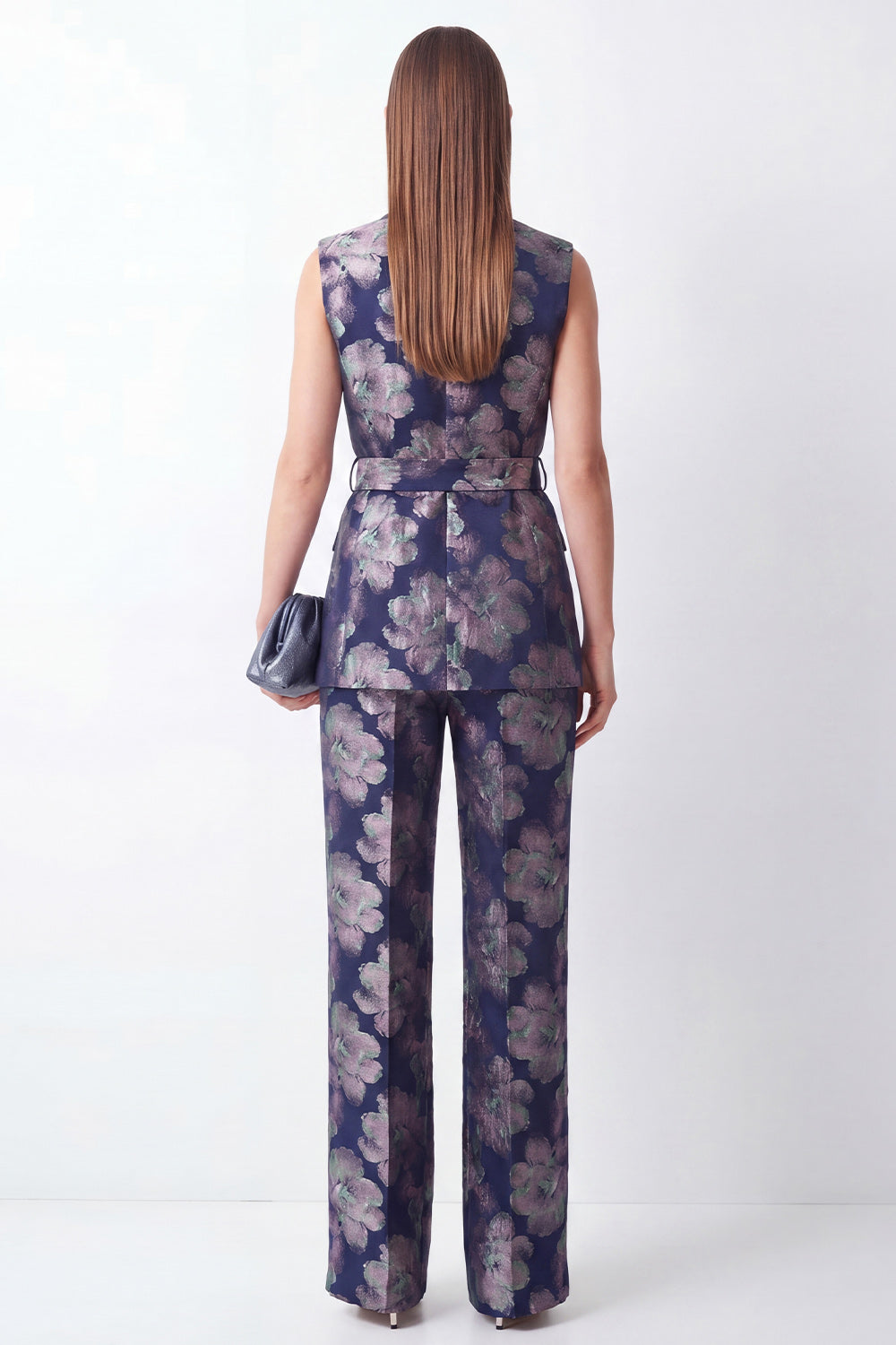 Shawl Lapel 2 Piece Navy Floral Sleeveless Women's Suits with Belt
