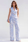 Blue Floral Shawl Lapel 2 Piece Sleeveless Women's Suits