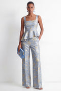 Square Neck Grey Blue Floral 2 Piece Women's Suits