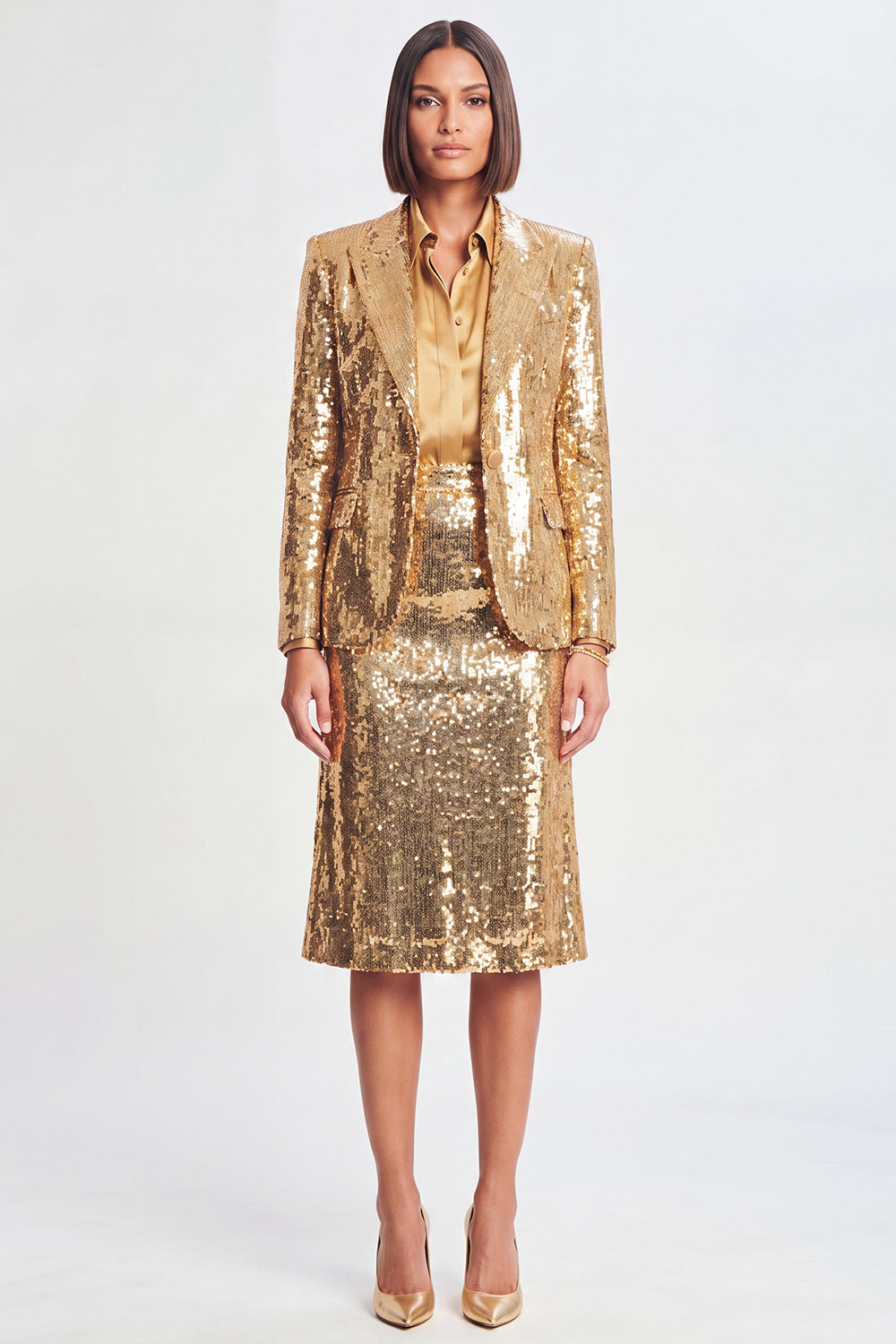 Golden 3-Piece Peaked Lapel Sparkly Women Suits