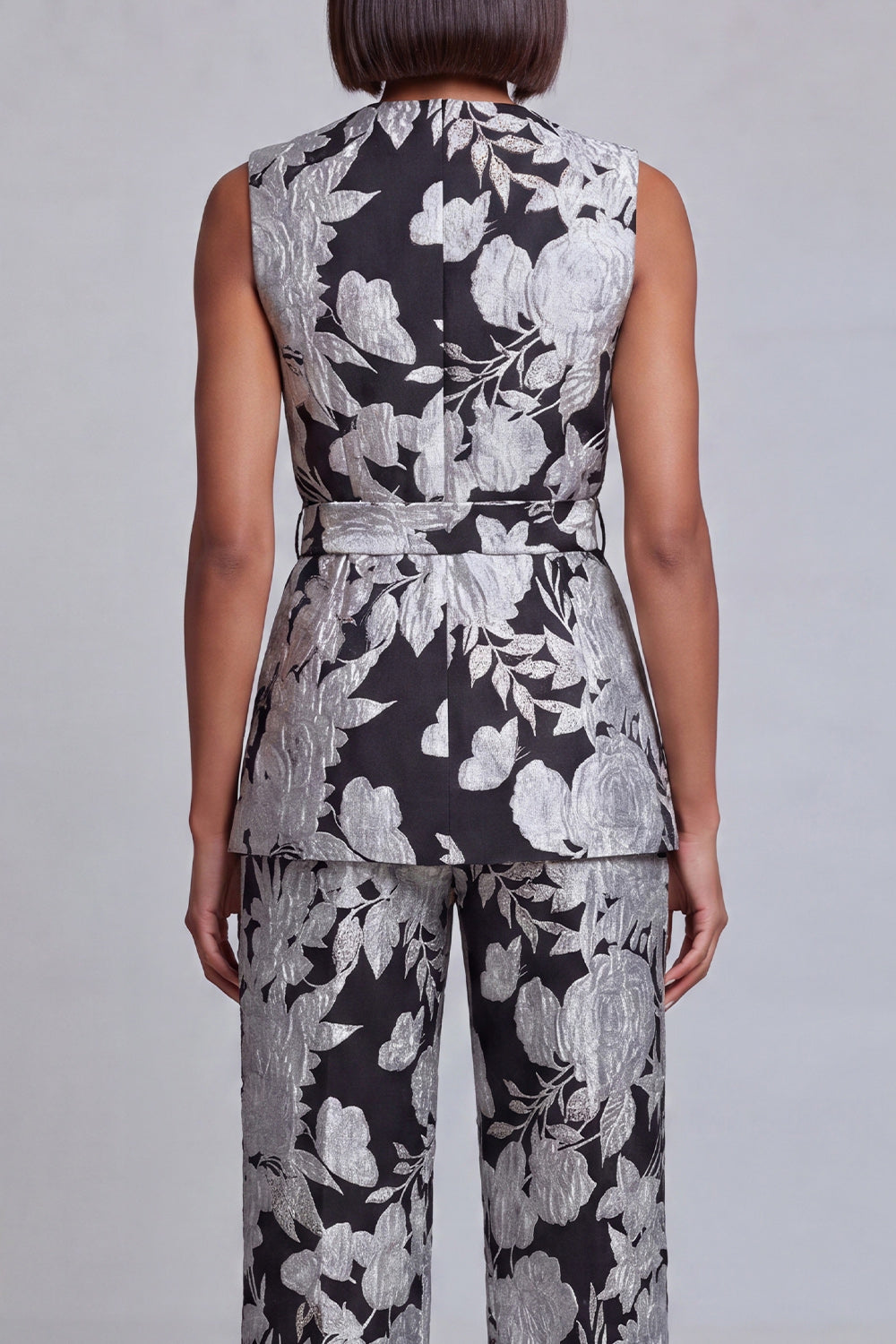 Navy Pink V-Neck Floral 2-Piece Women Suits