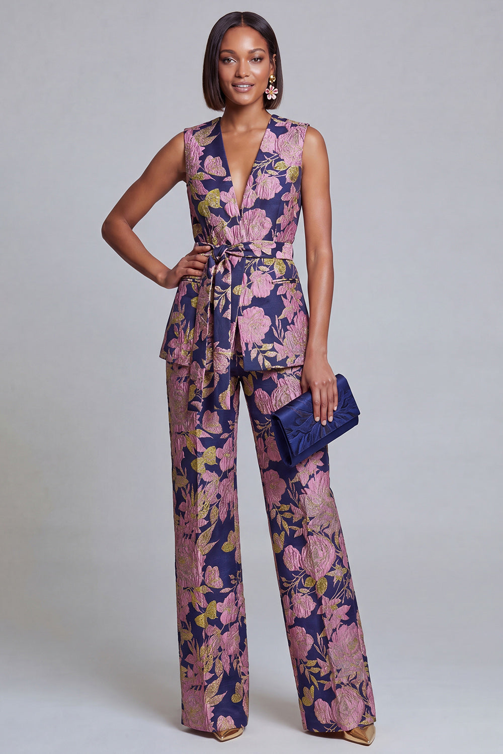 Navy Pink V-Neck Floral 2-Piece Women Suits