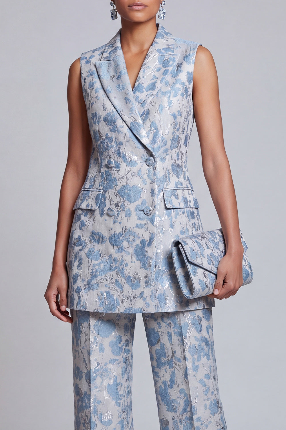 Dusty Blue Jacquard Peak Lapel 2-Piece Women Suits