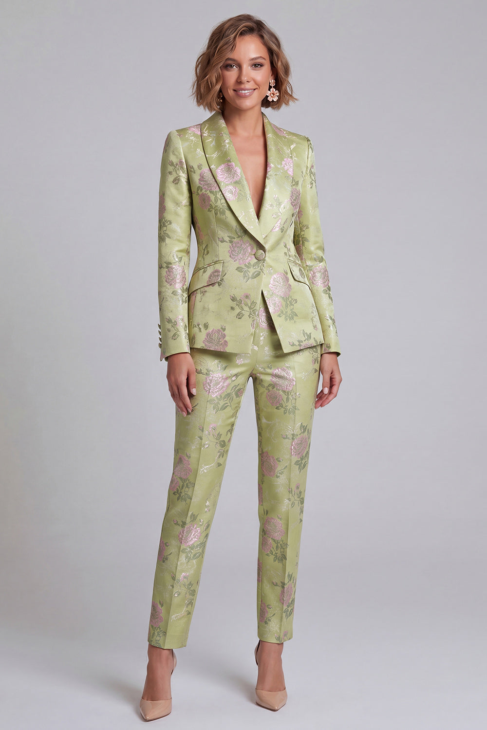 Sage Green Jacquard Shawl Lapel 2-Piece Women's Suits