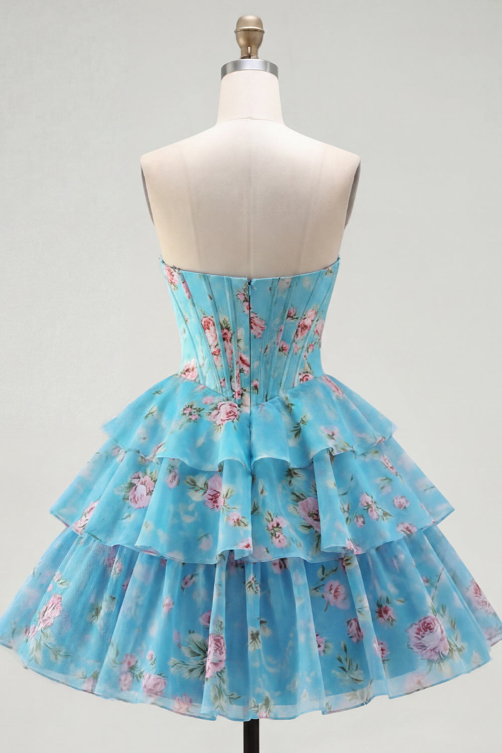 Strapless A-Line Pink Corset Floral Tiered Homecoming Dress