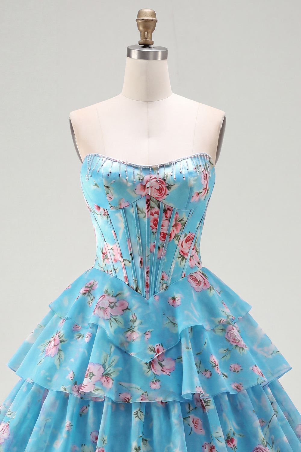 Strapless A-Line Pink Corset Floral Tiered Homecoming Dress