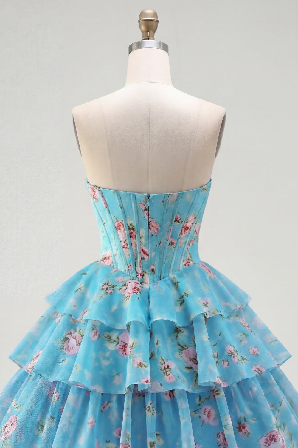 Strapless A-Line Pink Corset Floral Tiered Homecoming Dress