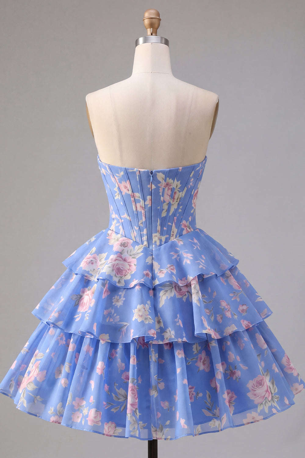 Strapless A-Line Pink Corset Floral Tiered Homecoming Dress