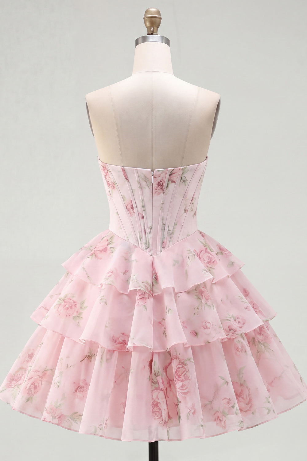 Strapless A-Line Pink Corset Floral Tiered Homecoming Dress