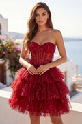 Corset A-Line Burgundy Sweetheart Tiered Homecoming Dress