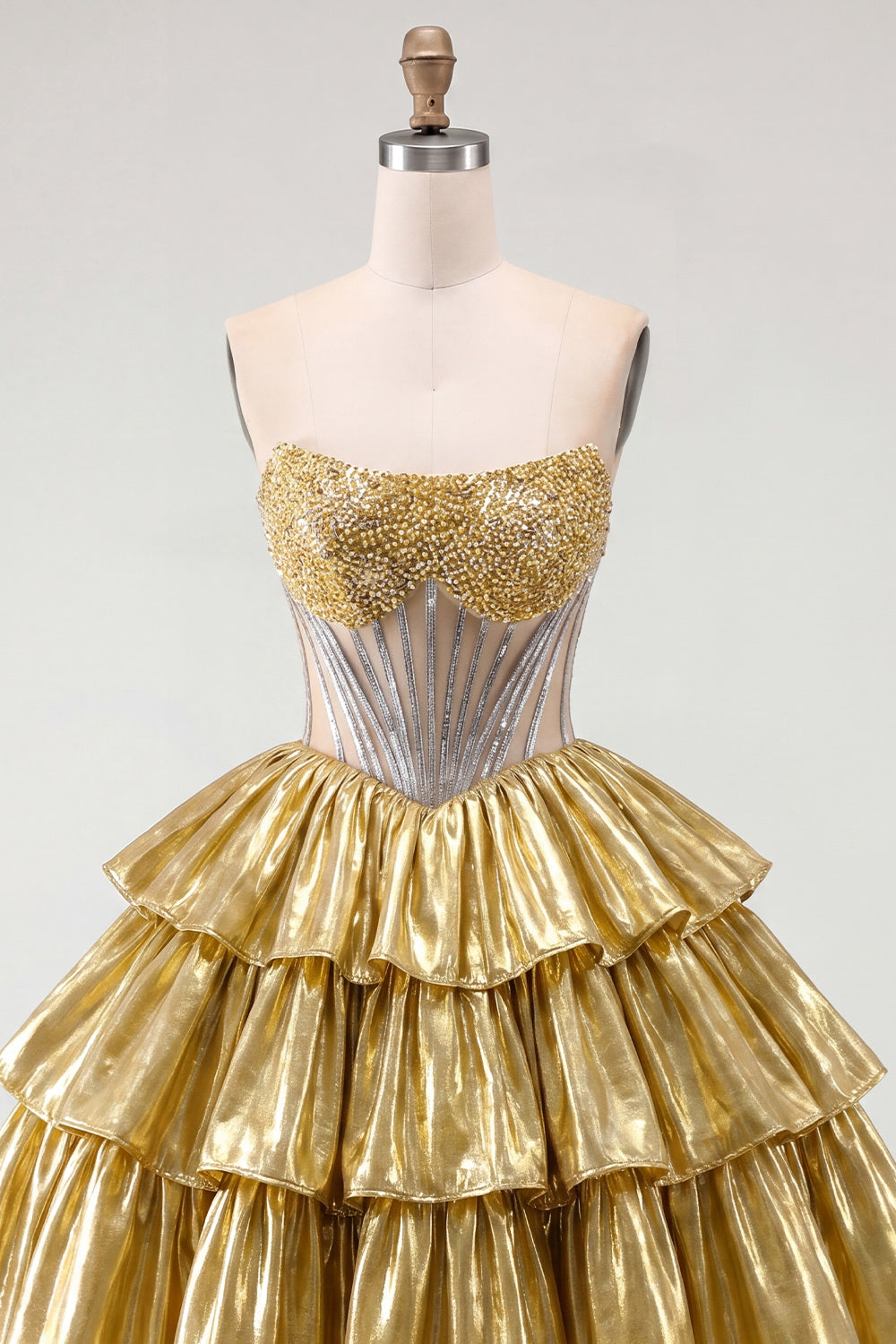 Strapless Golden A-Line Corset Tiered Homecoming Dress