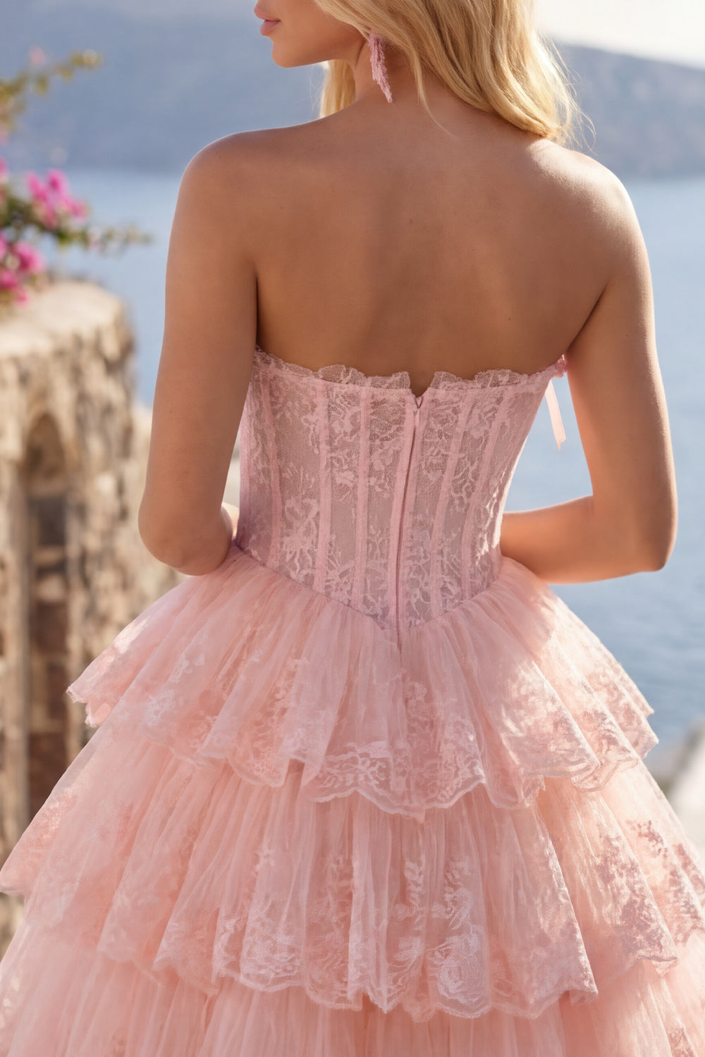 Strapless Floral Corset Tulle A-Line Lilac Tiered Homecoming Dress