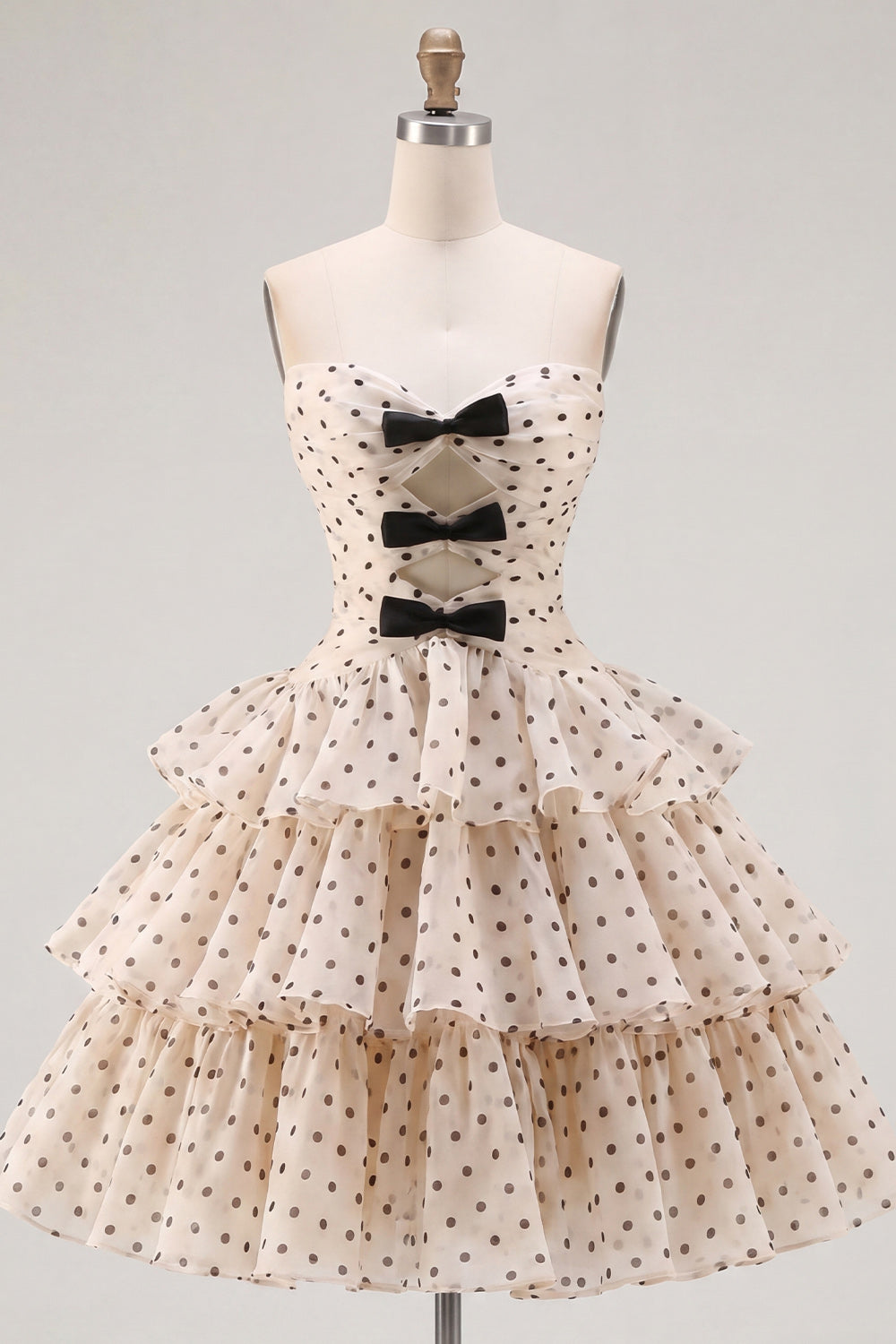 Apricot Black Dot A-Line Tiered Sweetheart Homecoming Dress with Bow