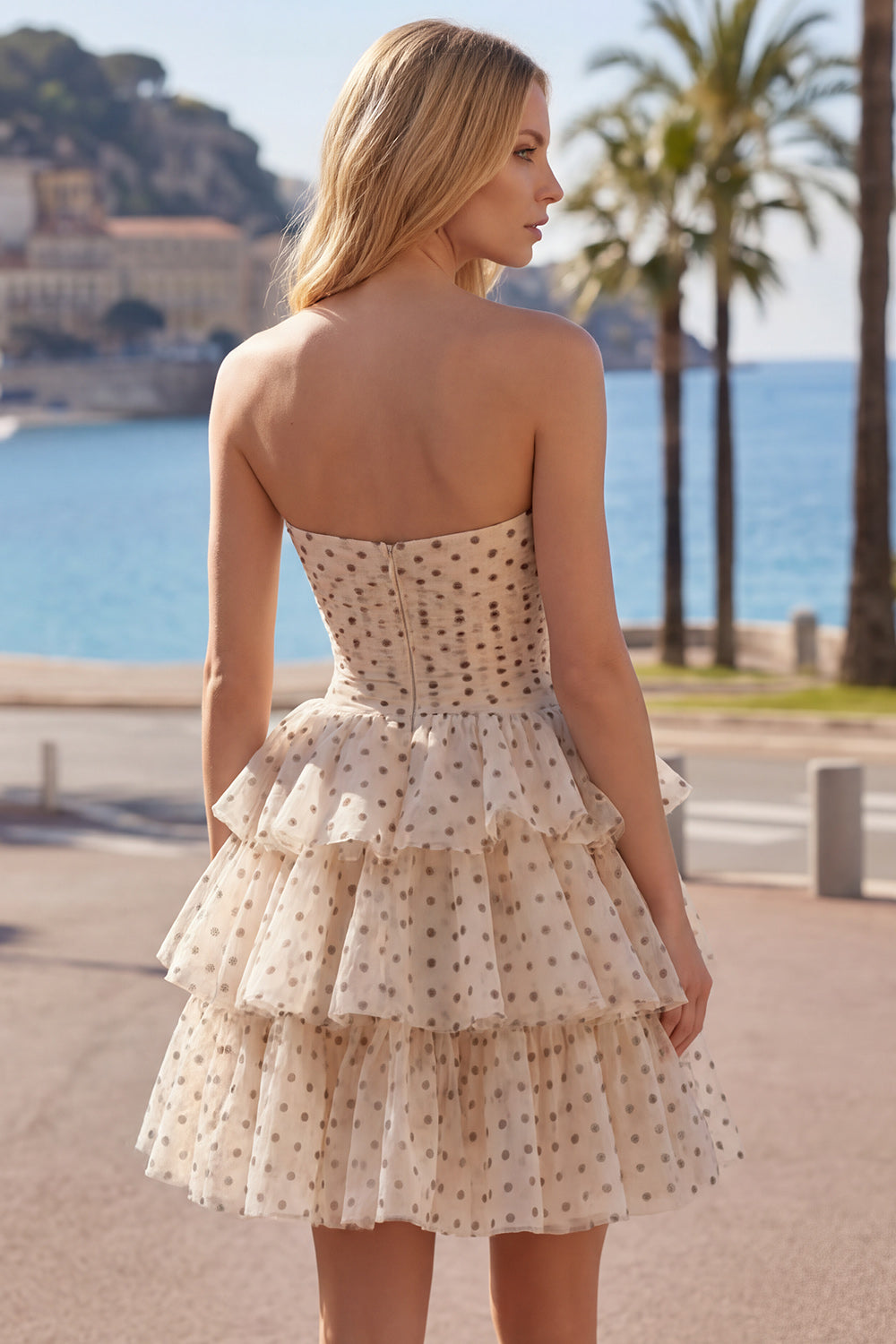 Apricot Black Dot A-Line Tiered Sweetheart Homecoming Dress with Bow