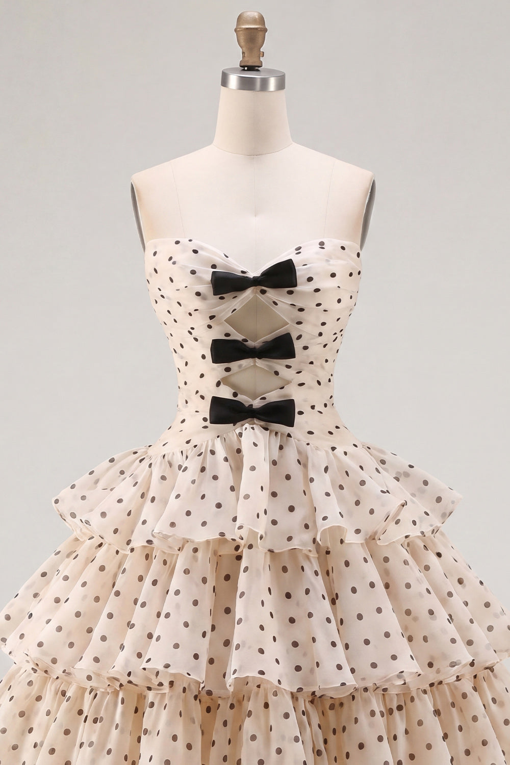 Apricot Black Dot A-Line Tiered Sweetheart Homecoming Dress with Bow