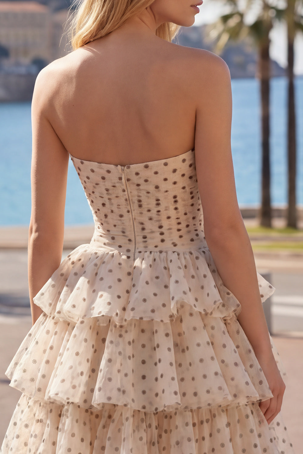Apricot Black Dot A-Line Tiered Sweetheart Homecoming Dress with Bow