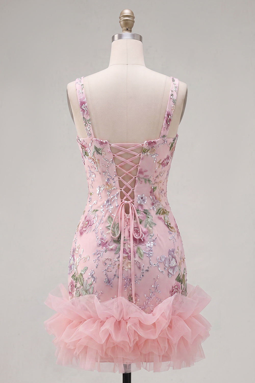 Square Neck Pink Bodycon Floral Ruffled Homecoming Dress