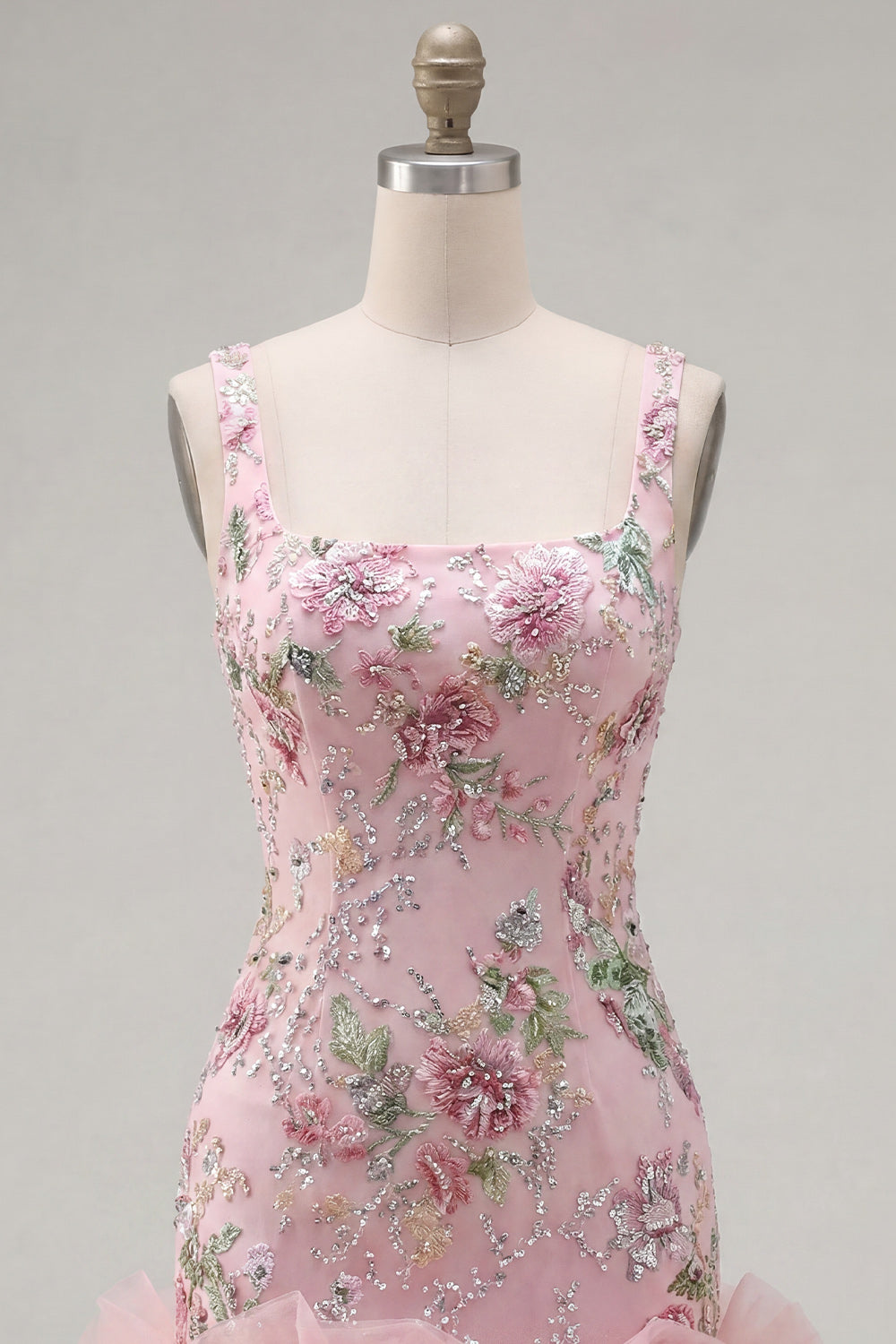 Square Neck Pink Bodycon Floral Ruffled Homecoming Dress