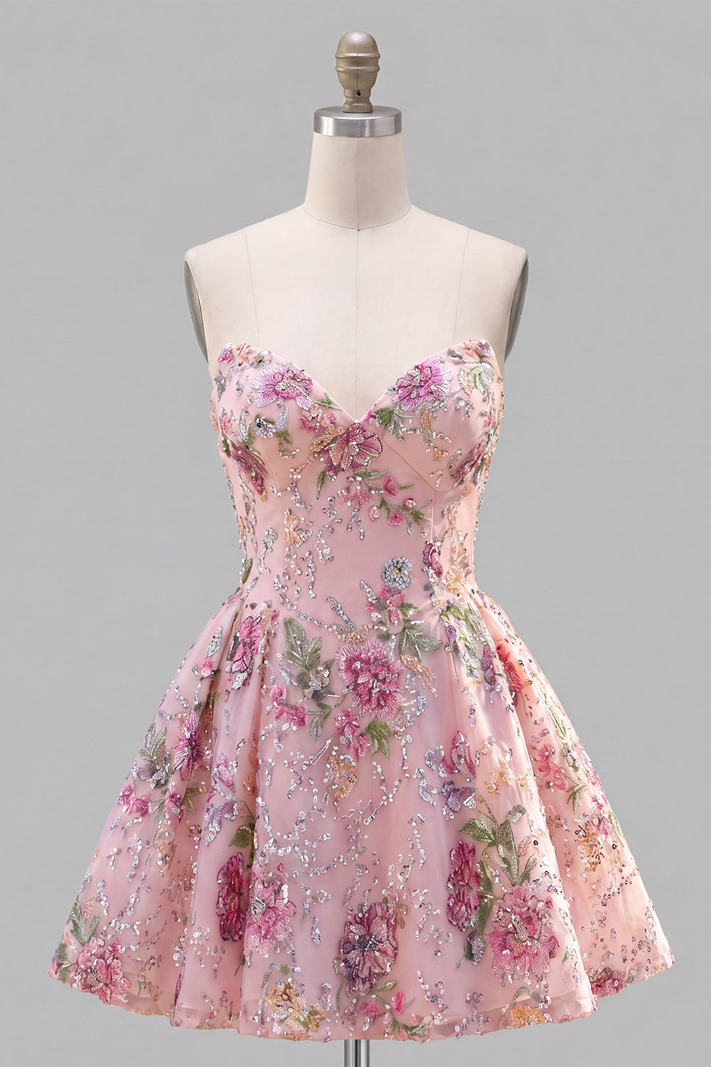 Sweetheart Pink A-Line Sequin Floral Homecoming Dress