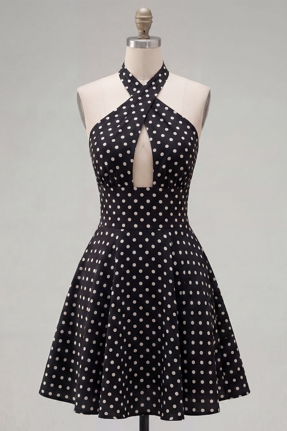 Black White Dot Halter A-Line Cut Out Homecoming Dress