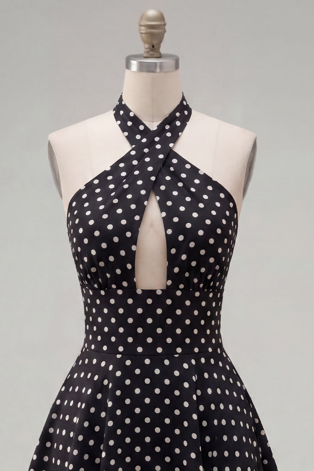 Black White Dot Halter A-Line Cut Out Homecoming Dress