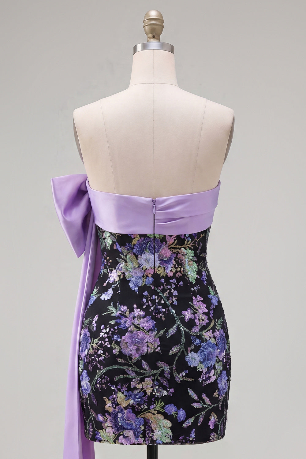 Strapless Black Floral Bodycon Sequin Homecoming Dress with Large Bow