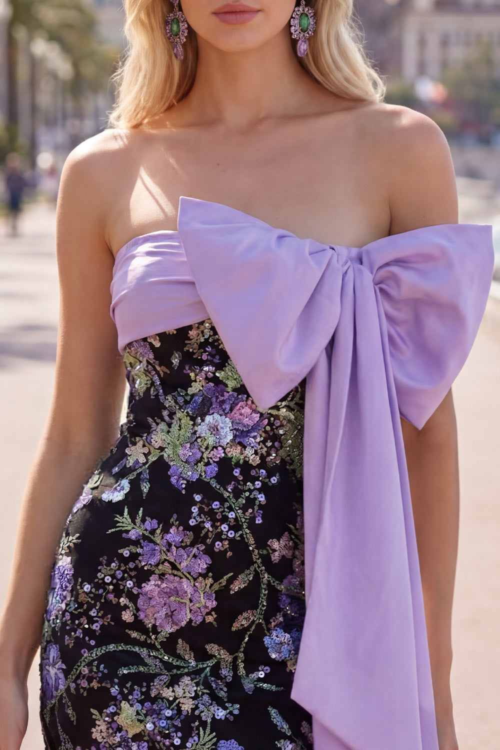 Strapless Black Floral Bodycon Sequin Homecoming Dress with Large Bow