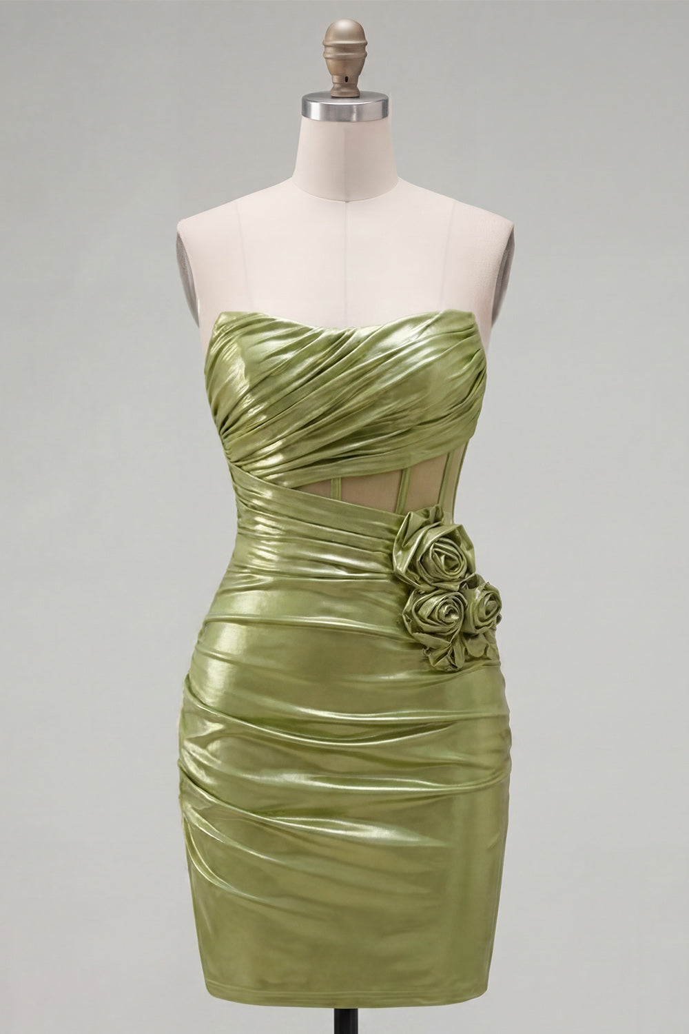 Strapless Green Bodycon Corset Metallic Homecoming Dress with 3D Flowers