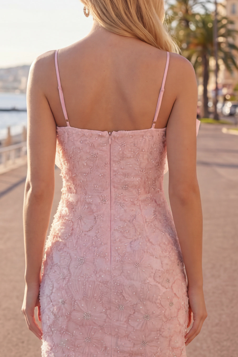 Pink Bodycon Beaded Floral Homecoming Dress with Bow
