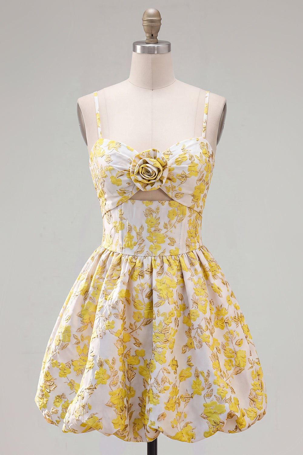 Yellow Spaghetti Straps Floral A-Line Homecoming Dress