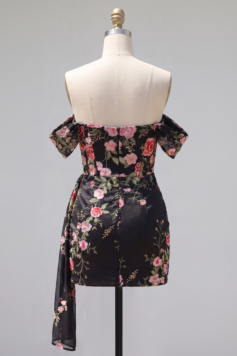 Off the Shoulder Bodycon Floral Black Homecoming Dress with Sash