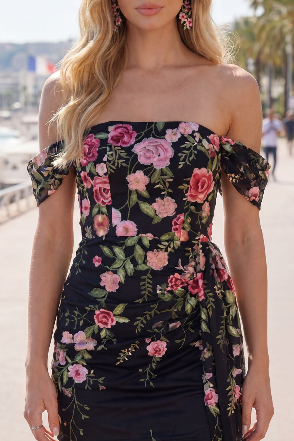 Off the Shoulder Bodycon Floral Black Homecoming Dress with Sash