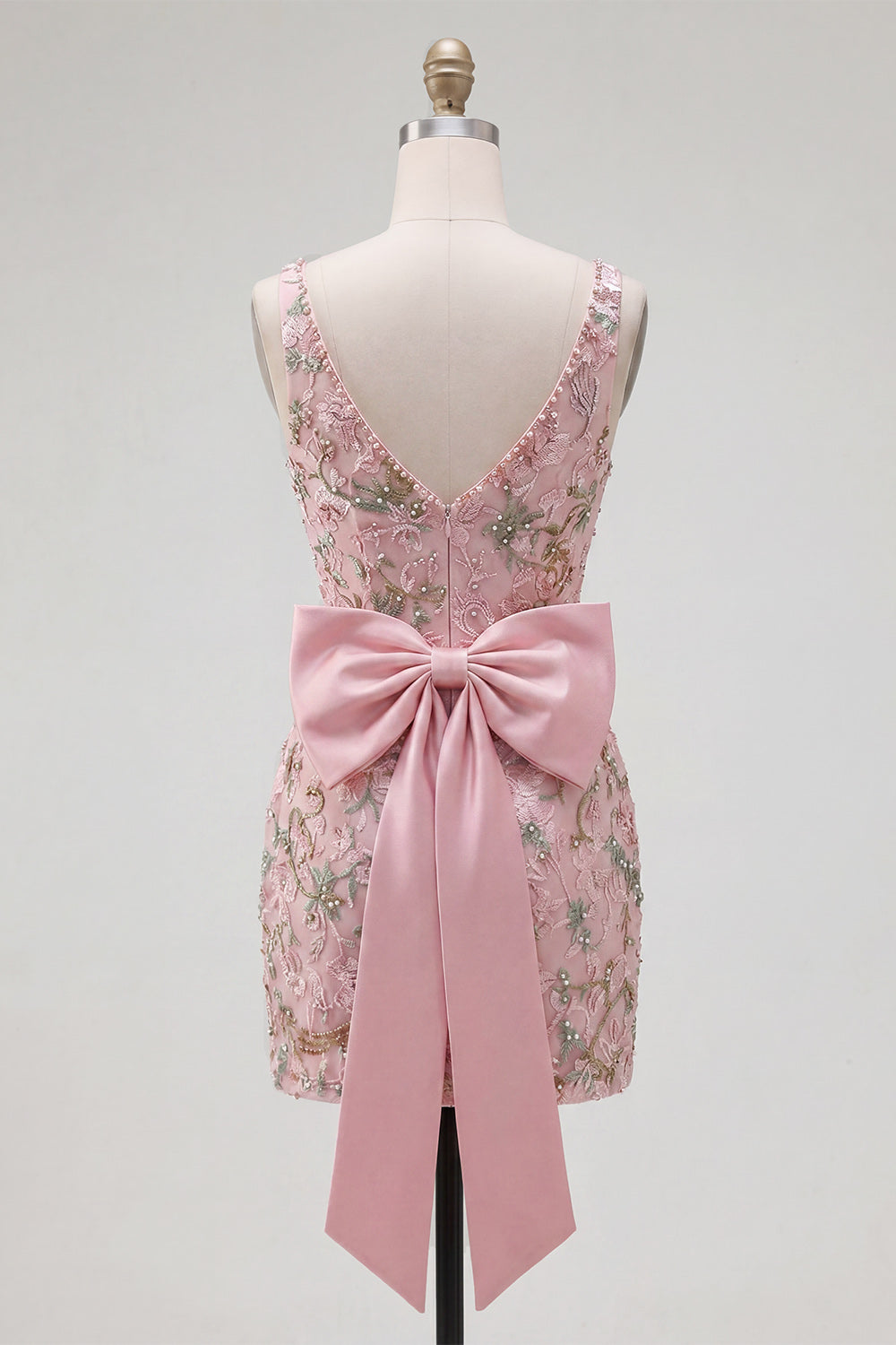 Pink Floral V-Neck Bodycon Homecoming Dress with Slit