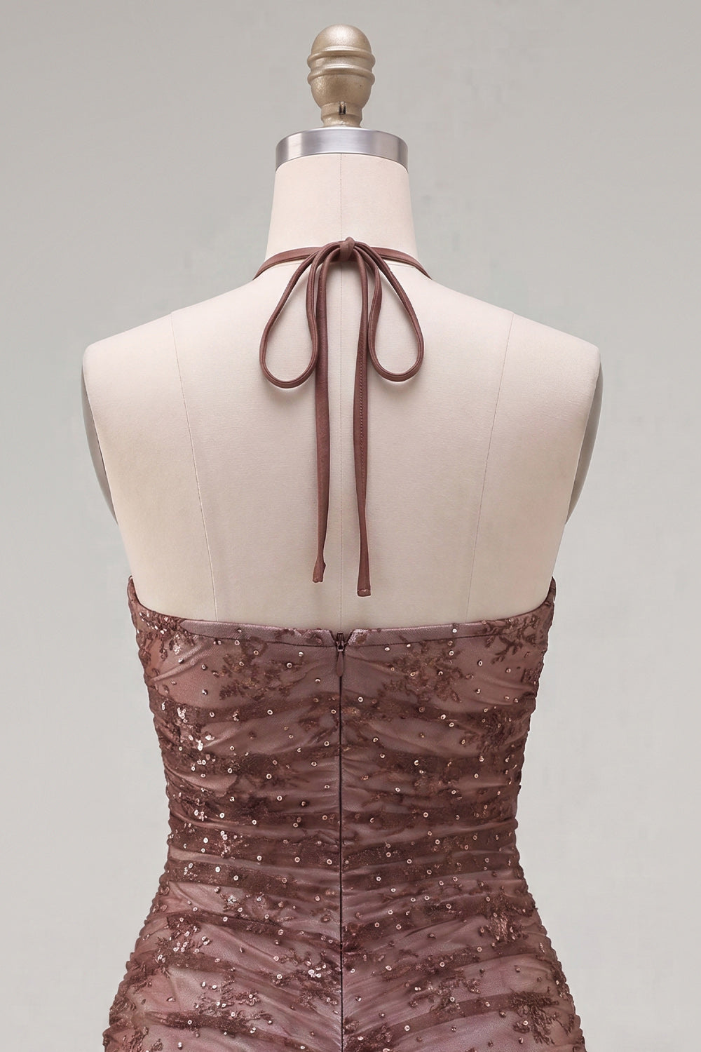 Halter Bodycon Ruched Chocolate Homecoming Dress with Beading