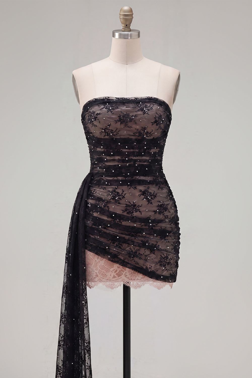 Strapless Black Bodycon Beaded Homecoming Dress with Sash