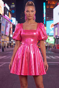 Square Neck Hot Pink A Line Metallic 80s Homecoming Dress With Puff Sleeves
