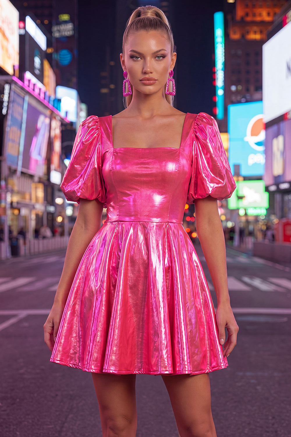 Square Neck Hot Pink A Line Metallic 80s Homecoming Dress With Puff Sleeves