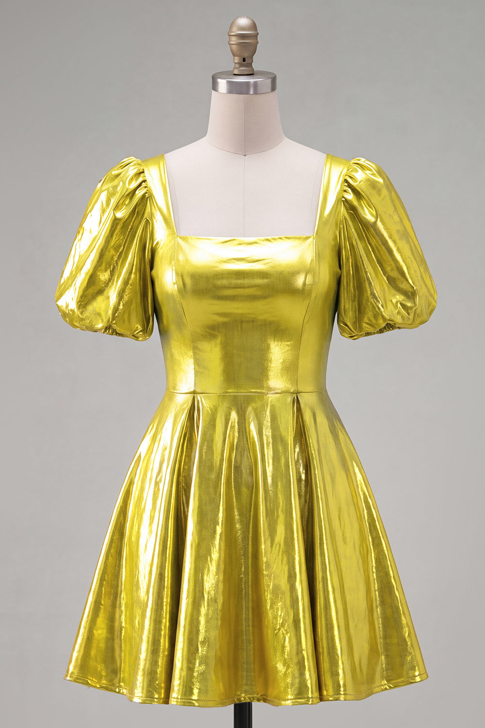Square Neck Hot Pink A Line Metallic 80s Homecoming Dress With Puff Sleeves