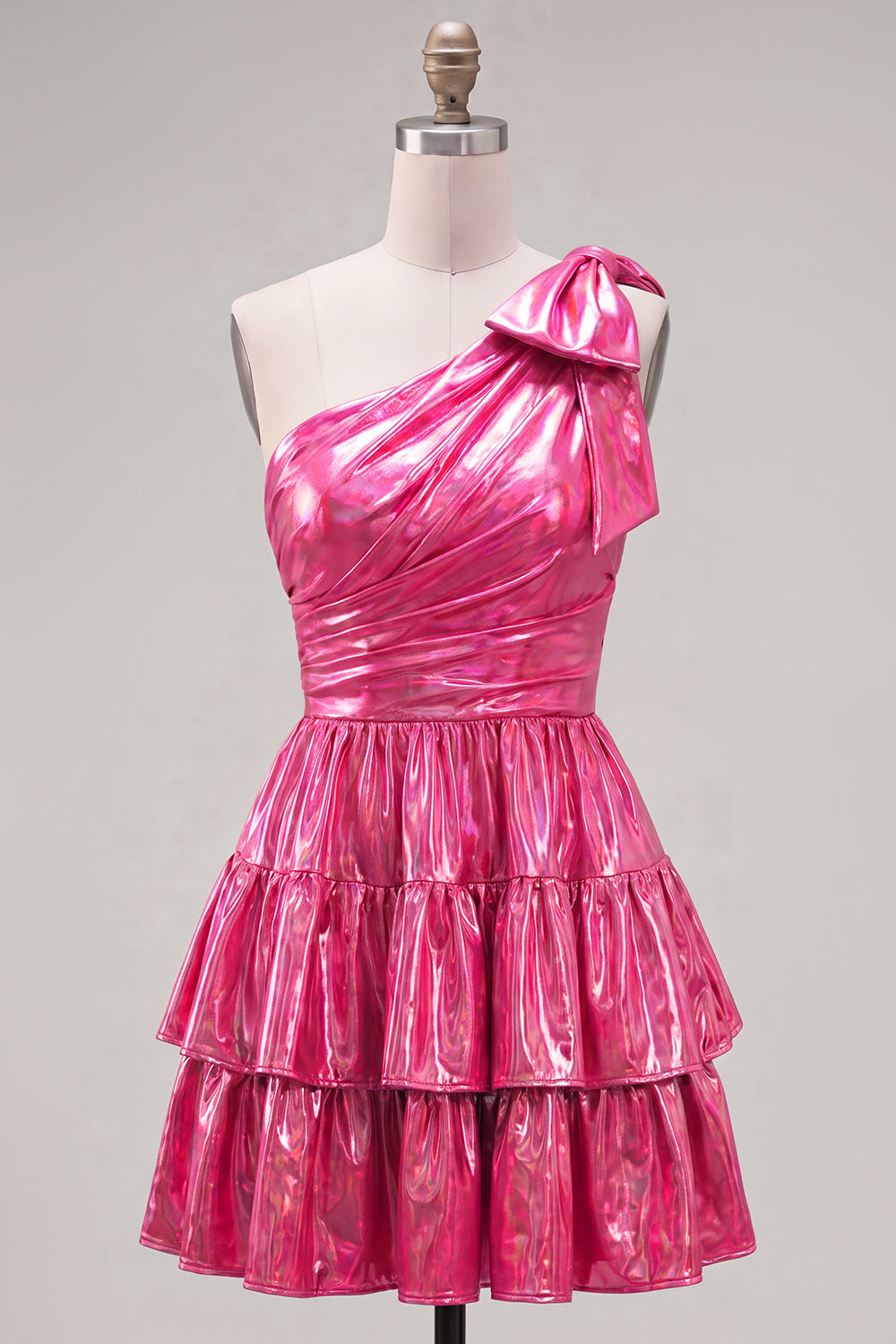 One Shoulder A Line Fuchsia Metallic 80s Homecoming Dress With Bow