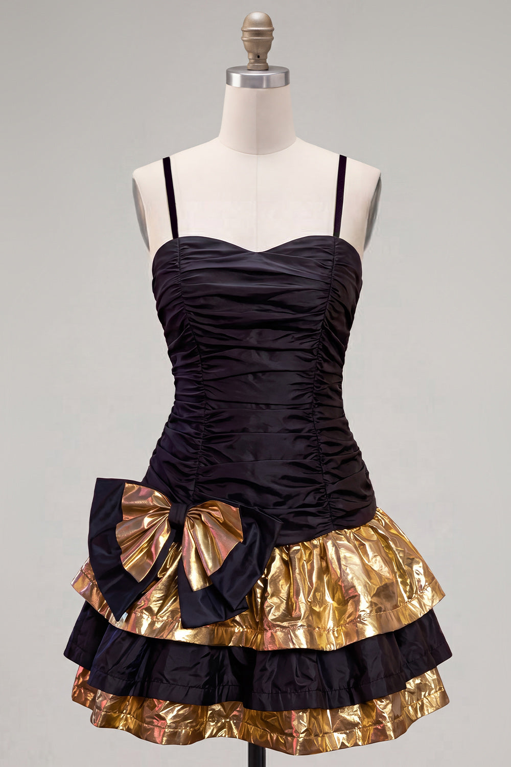 A Line Spaghetti Straps Black Golden Tiered 80s Homecoming Dress With Bow